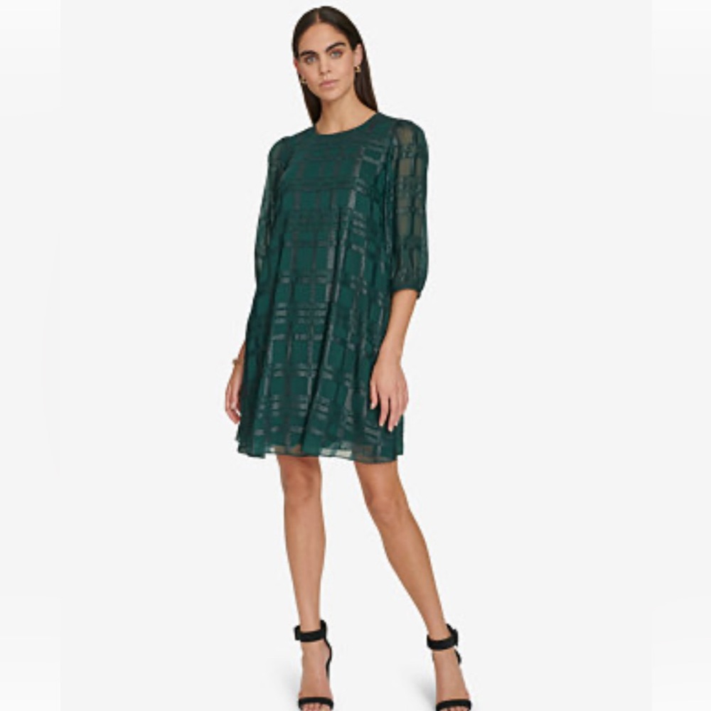 Calvin Klein Green Plaid Dress 3/4 sleeve jewel neck